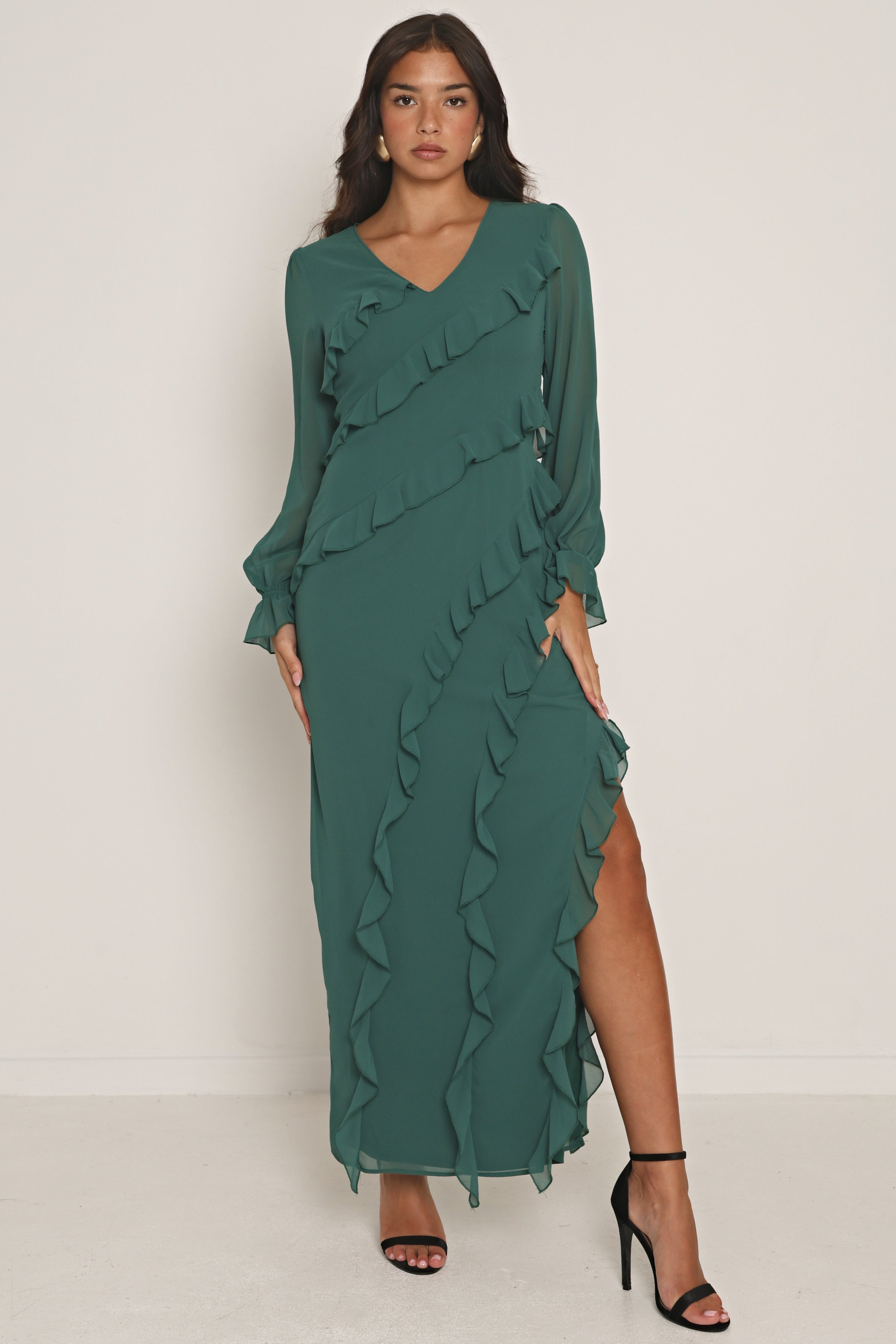 long dress ruffle flare sleeve RUFFLE FLARE SLEEVE MAXI DRESS