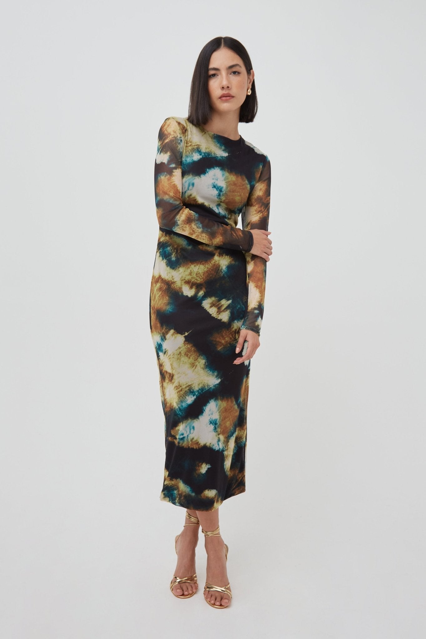 knee length dresses for ladies ABSTRACT MESH LONG SLEEVE MIDAXI DRESS