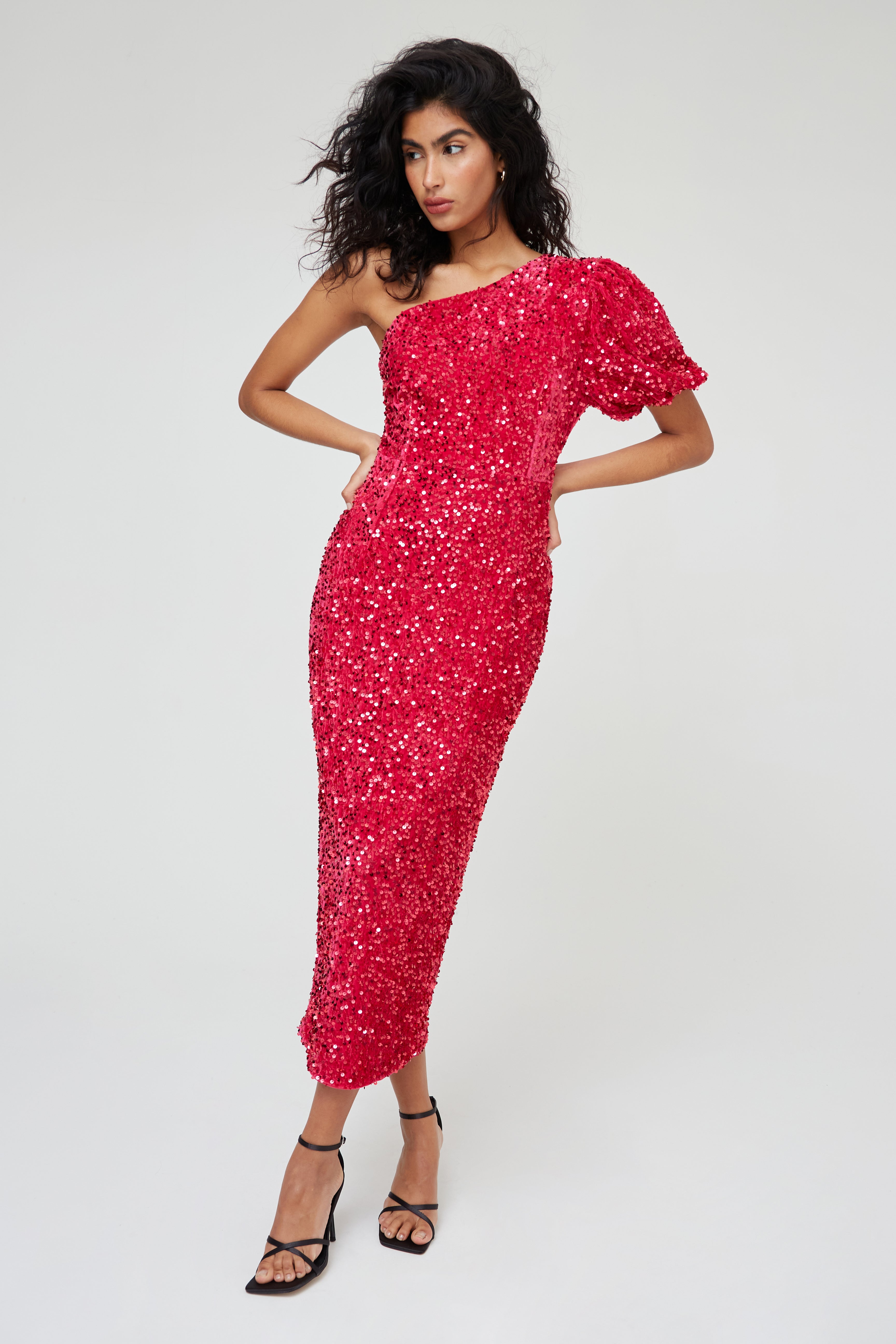 Fuchsia Pink One Shoulder Sequin Midi Dress | Slit Dress Fuchsia Pink One Shoulder Sequin Midi Dress | Slit Dress