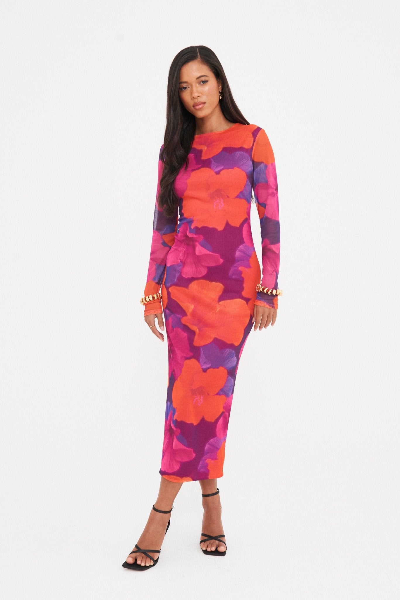 long sleeve midaxi dress ABSTRACT MESH LONG SLEEVE MIDAXI DRESS