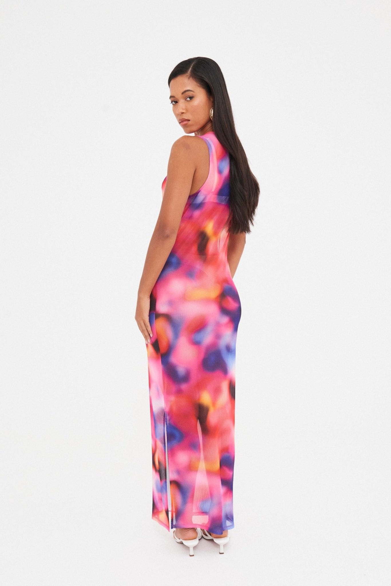 mesh sheer abstract pattern maxi dress ABSTRACT SHEER MESH MAXI DRESS