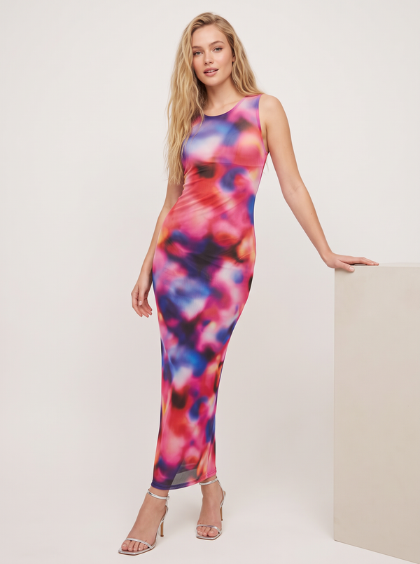 ABSTRACT SHEER MESH MAXI DRESS