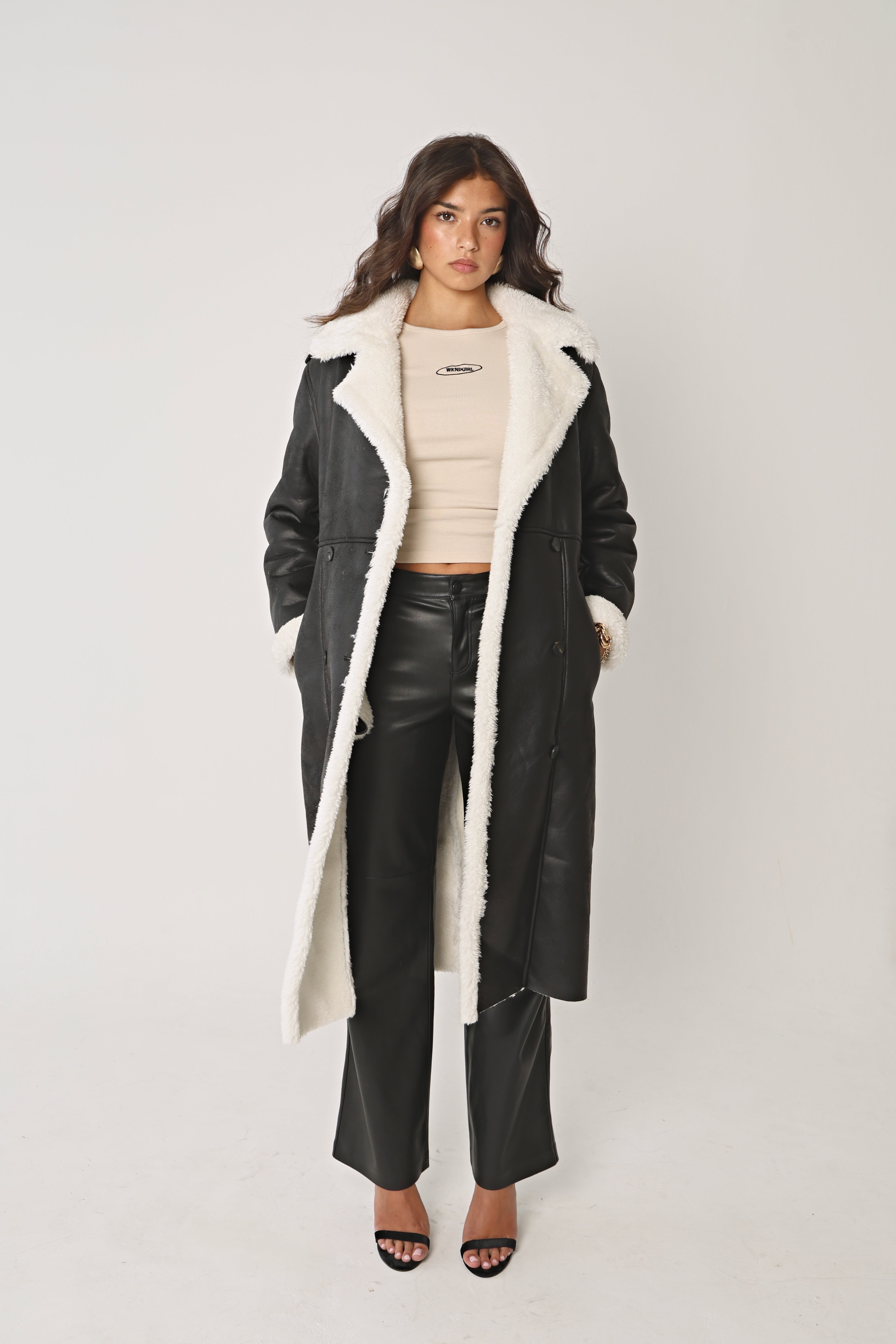 BLACK AND CREAM LONGLINE SHEARLING COAT WKNDGIRL