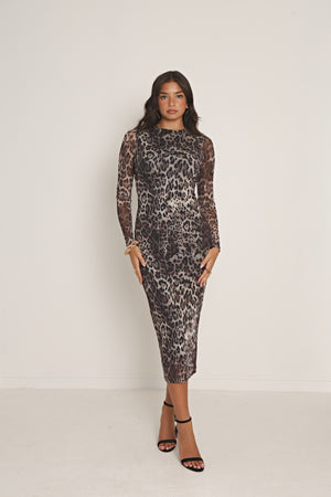 LEOPARD MESH LONG SLEEVE MIDAXI DRESS