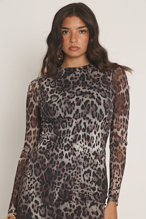 LEOPARD MESH LONG SLEEVE MIDAXI DRESS