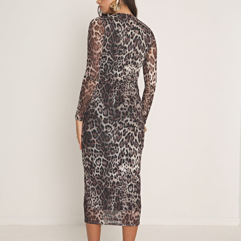 LEOPARD MESH LONG SLEEVE MIDAXI DRESS