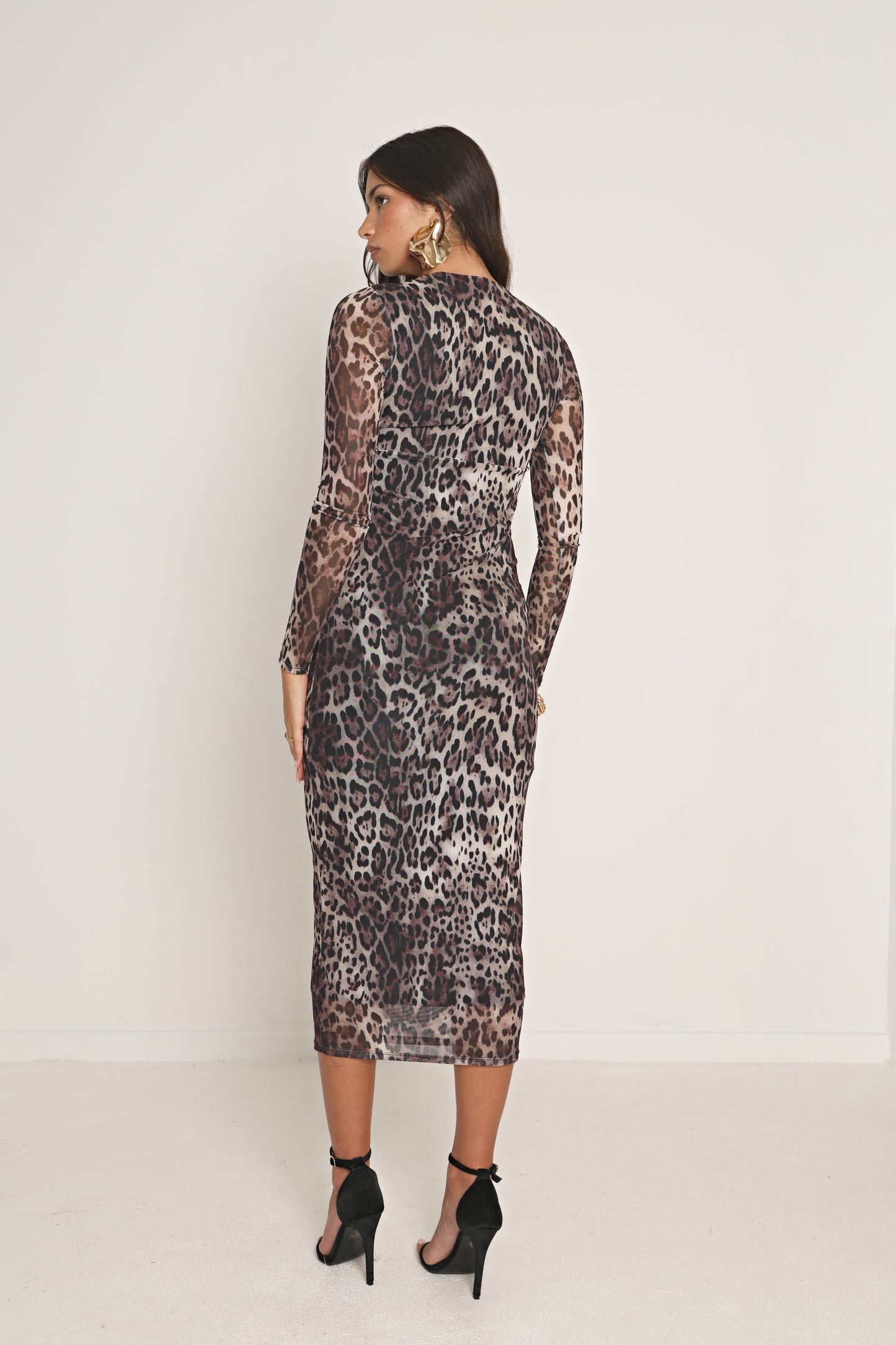 LEOPARD MESH LONG SLEEVE MIDAXI DRESS