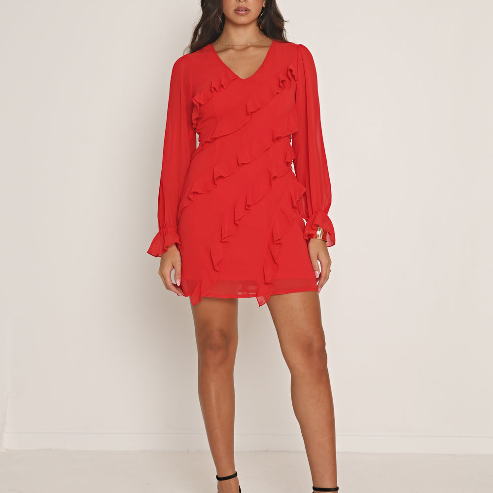 
                      
                        RUFFLE CHIFFON MINI DRESS IN RED
                      
                    