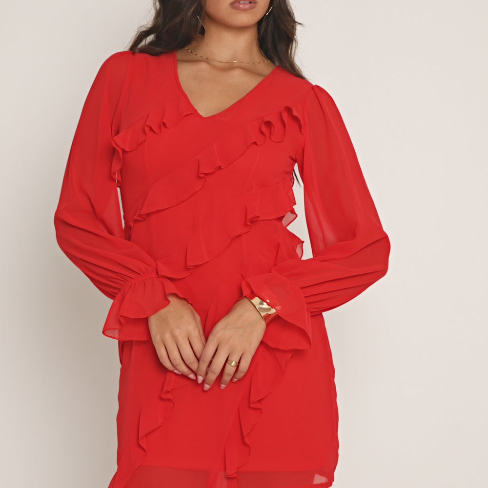 
                      
                        RUFFLE CHIFFON MINI DRESS IN RED
                      
                    