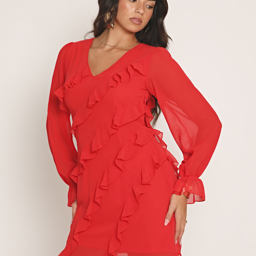 
                      
                        RUFFLE CHIFFON MINI DRESS IN RED
                      
                    