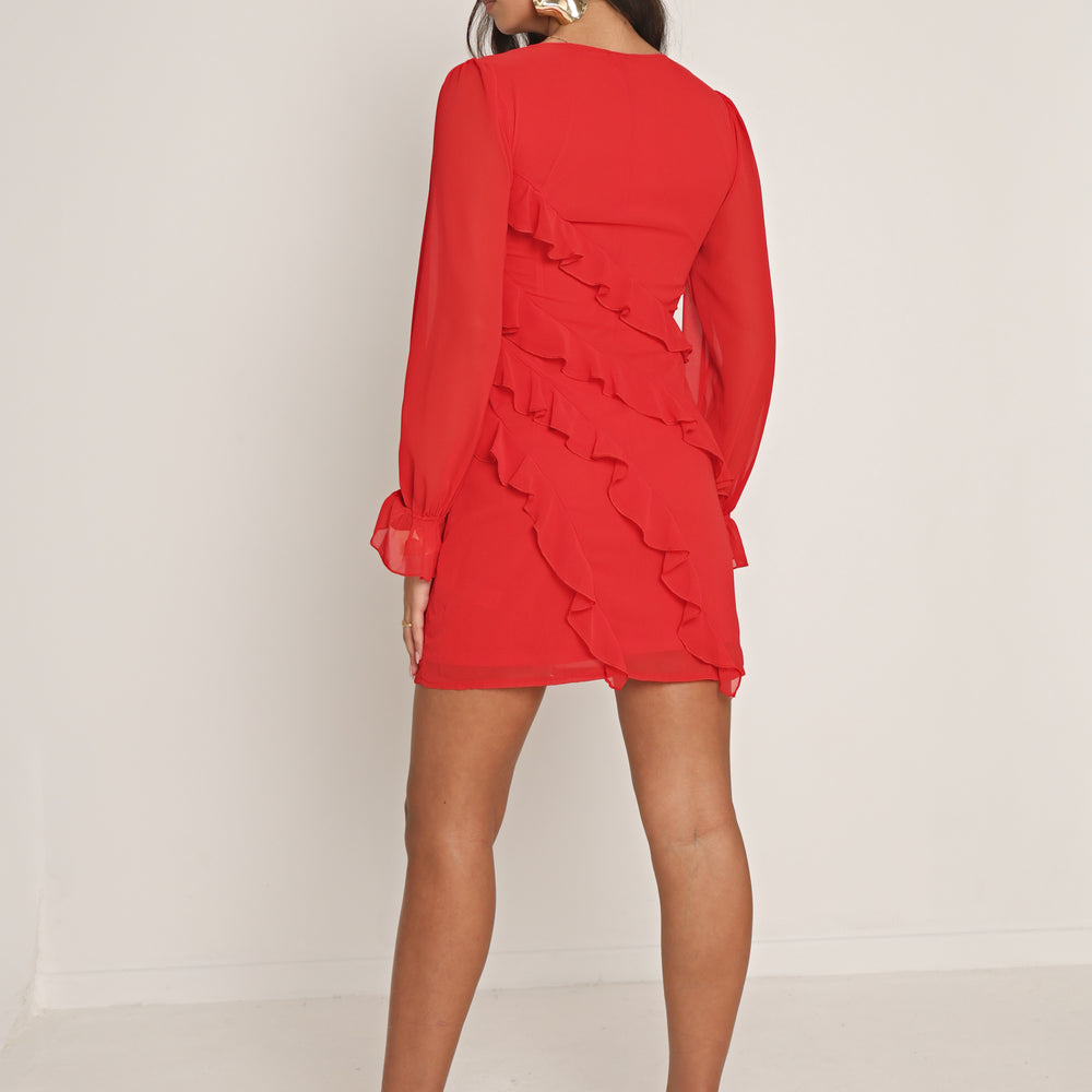 
                      
                        RUFFLE CHIFFON MINI DRESS IN RED
                      
                    