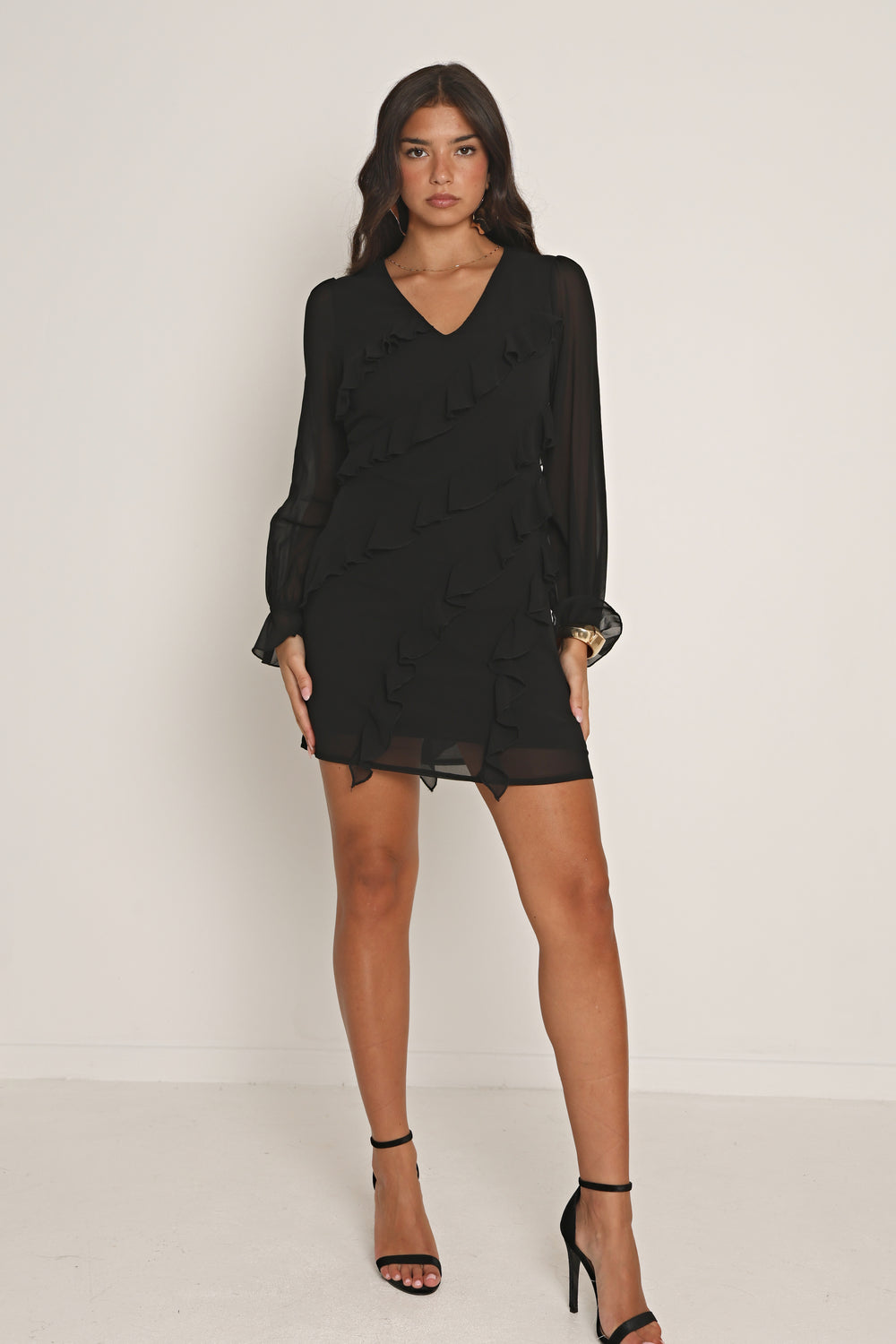 RUFFLE CHIFFON MINI DRESS IN BLACK