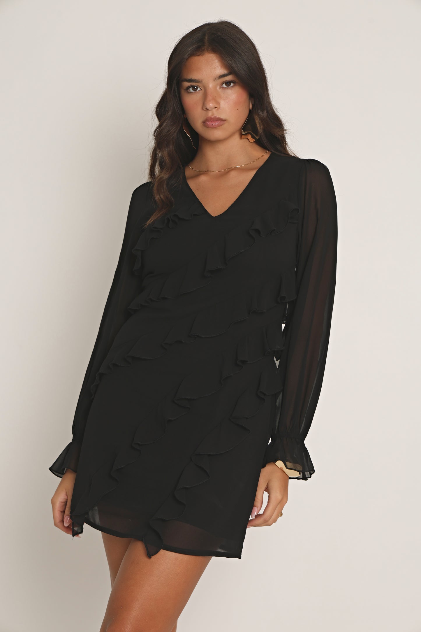 RUFFLE CHIFFON MINI DRESS IN BLACK