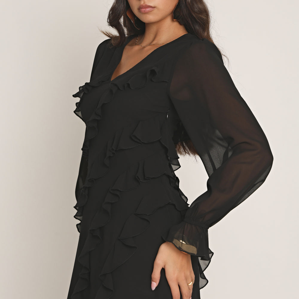 
                      
                        RUFFLE CHIFFON MINI DRESS IN BLACK
                      
                    