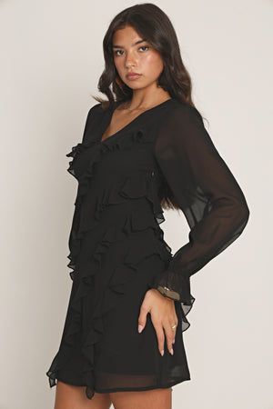 RUFFLE CHIFFON MINI DRESS IN BLACK