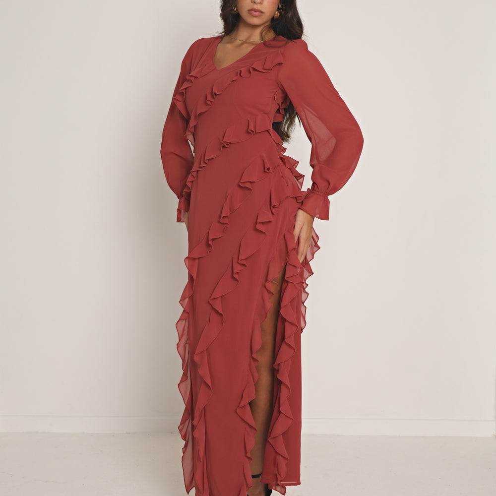 
                      
                        RUFFLE FLARE SLEEVE MAXI DRESS
                      
                    