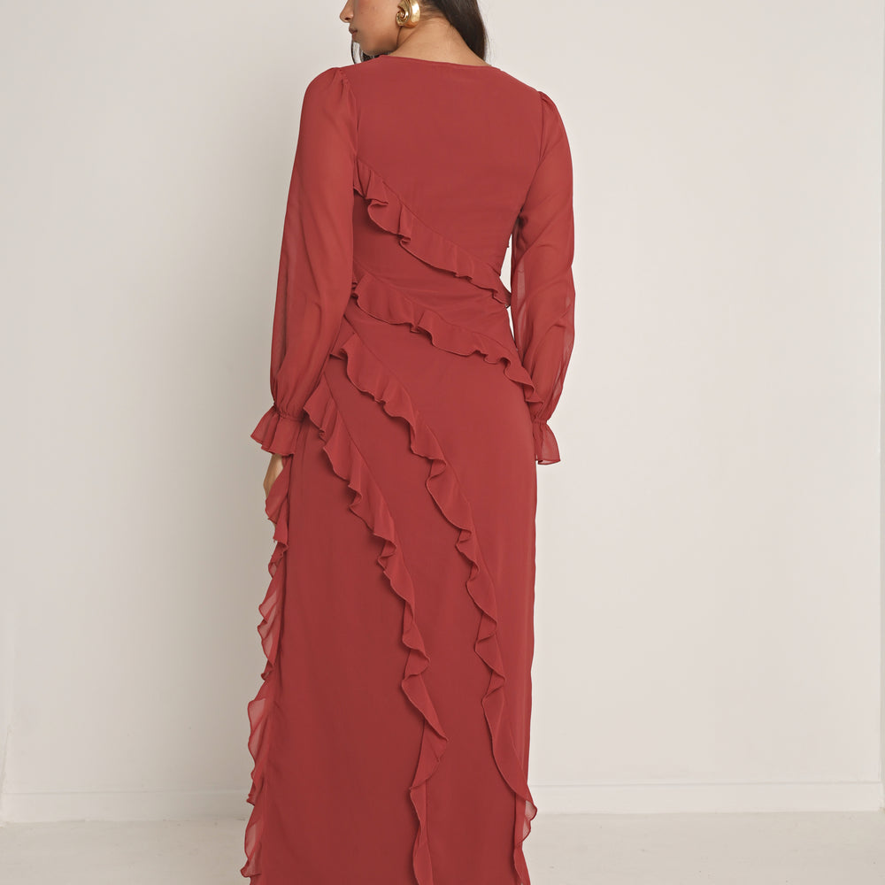 
                      
                        RUFFLE FLARE SLEEVE MAXI DRESS
                      
                    