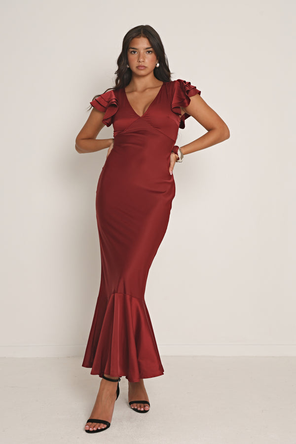 SATIN RUFFLE MAXI DRESS