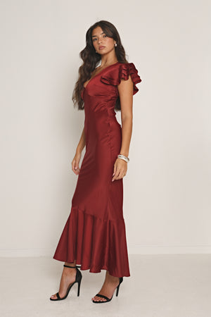 SATIN RUFFLE MAXI DRESS