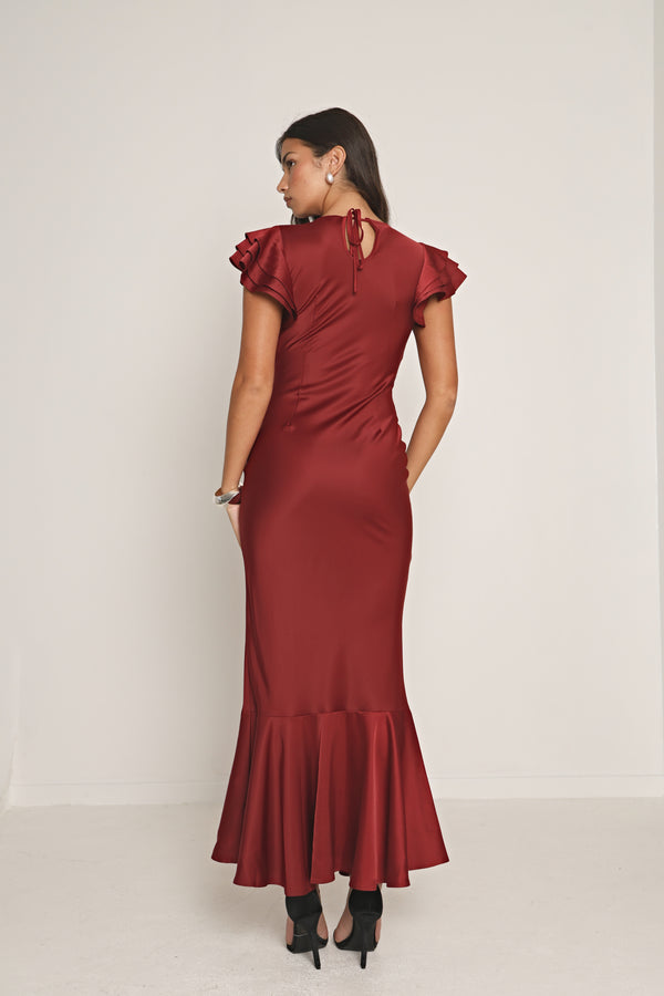 SATIN RUFFLE MAXI DRESS