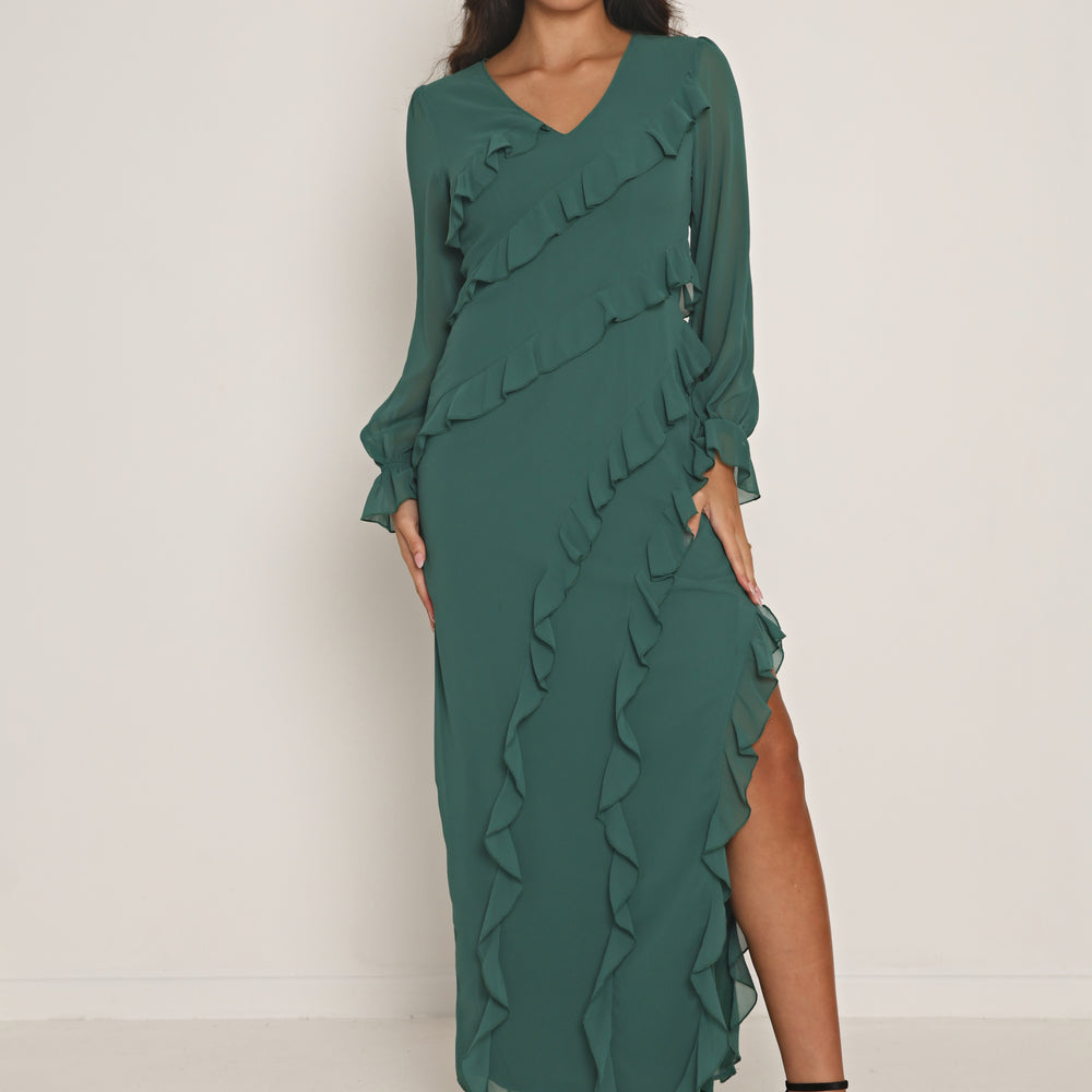 RUFFLE FLARE SLEEVE MAXI DRESS