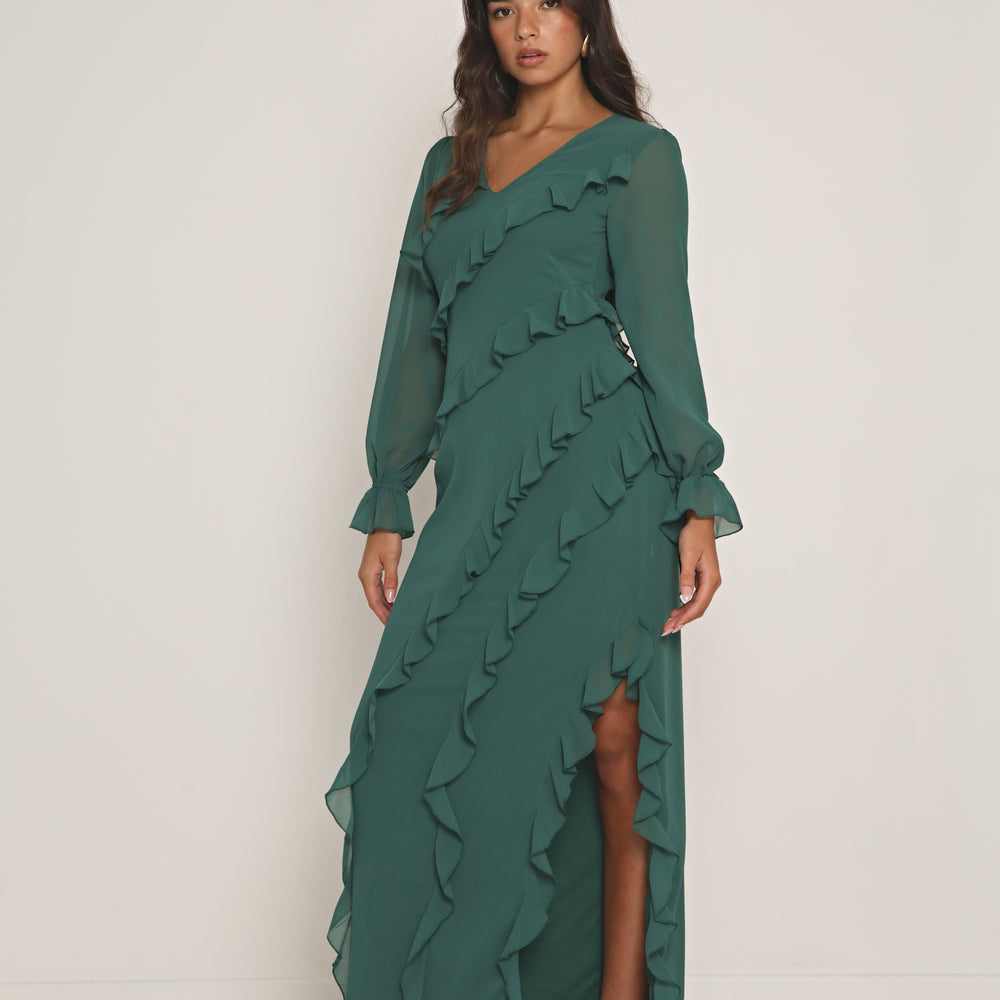 
                      
                        RUFFLE FLARE SLEEVE MAXI DRESS
                      
                    