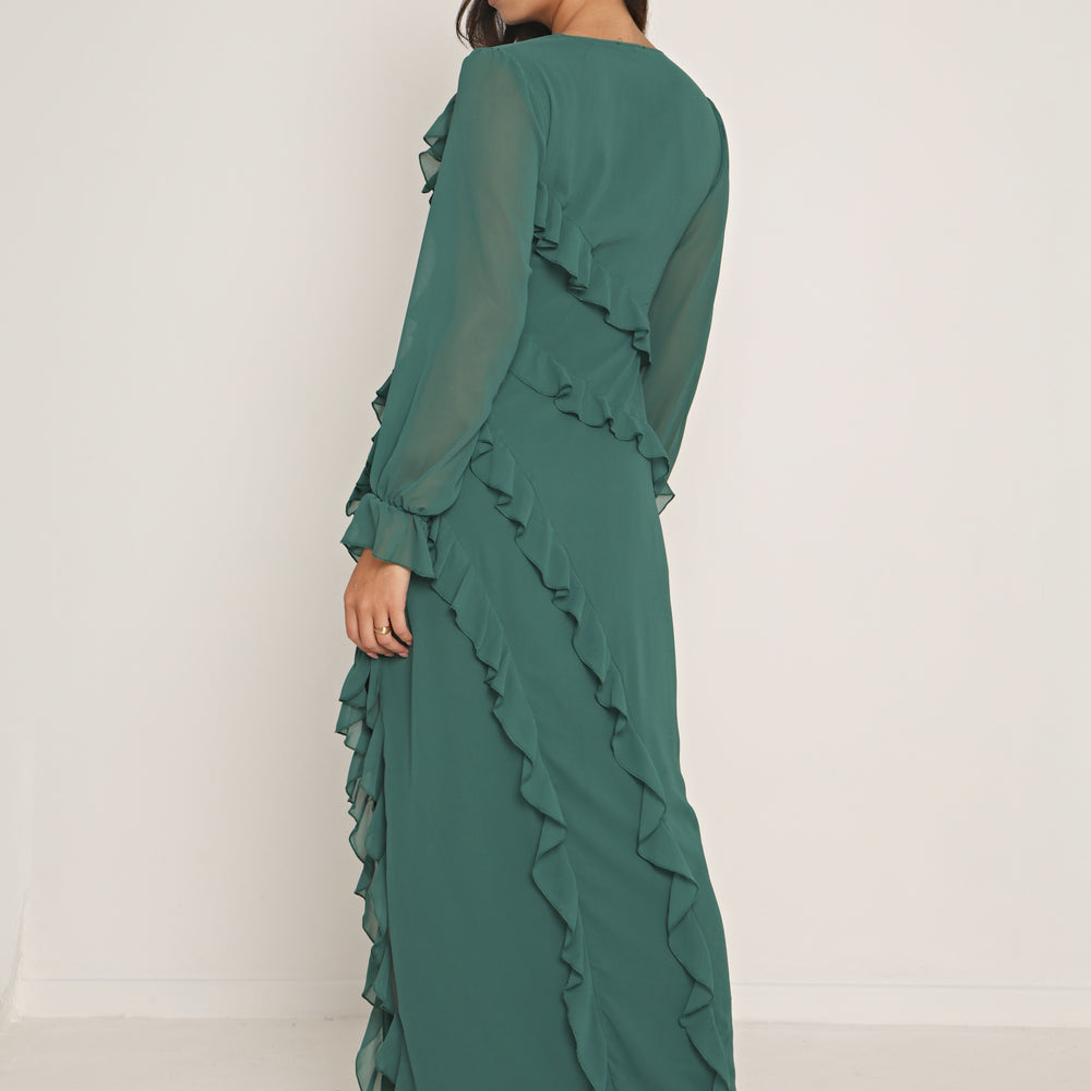 
                      
                        RUFFLE FLARE SLEEVE MAXI DRESS
                      
                    