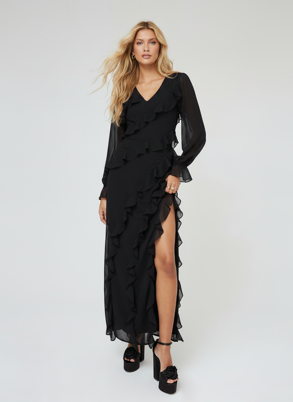 RUFFLE FLARE SLEEVE MAXI DRESS