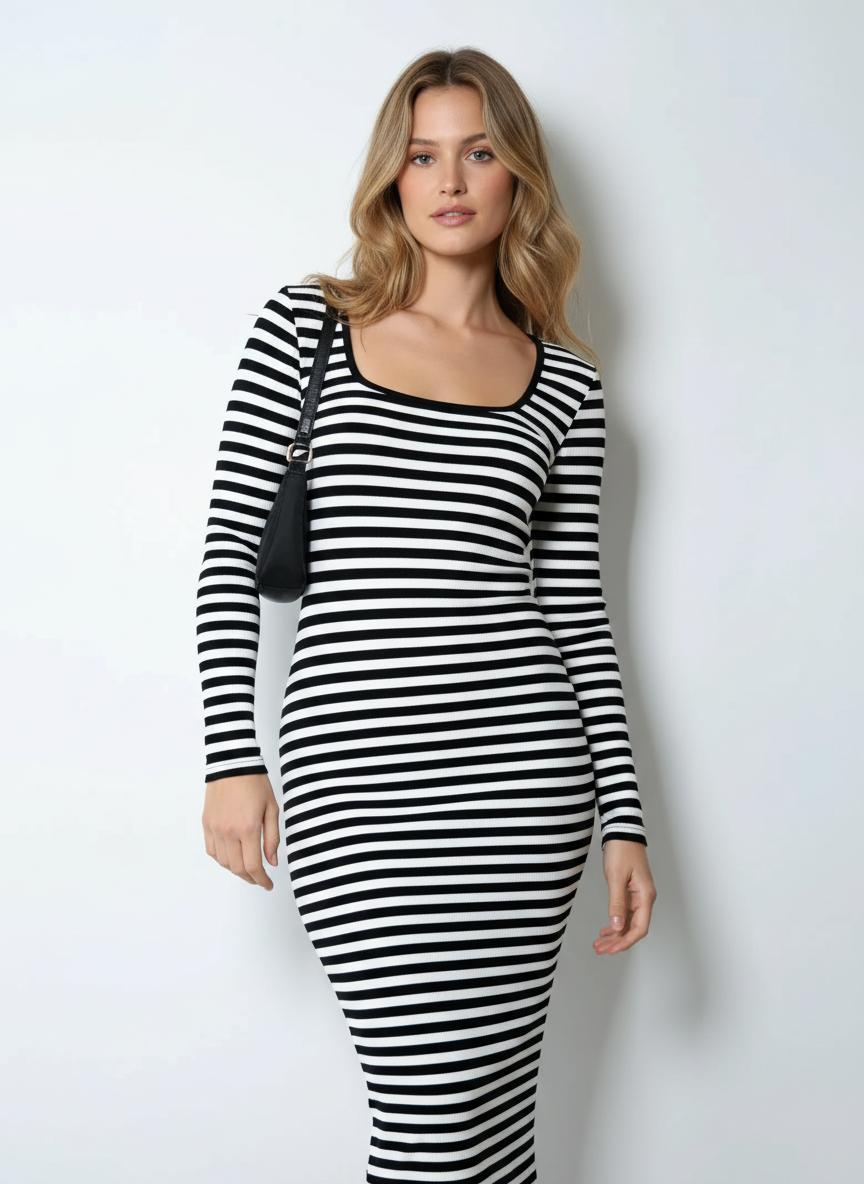 STRIPED SOFT RIB CREW NECK MIDI DRESS