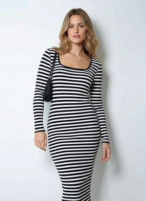 STRIPED SOFT RIB CREW NECK MIDI DRESS