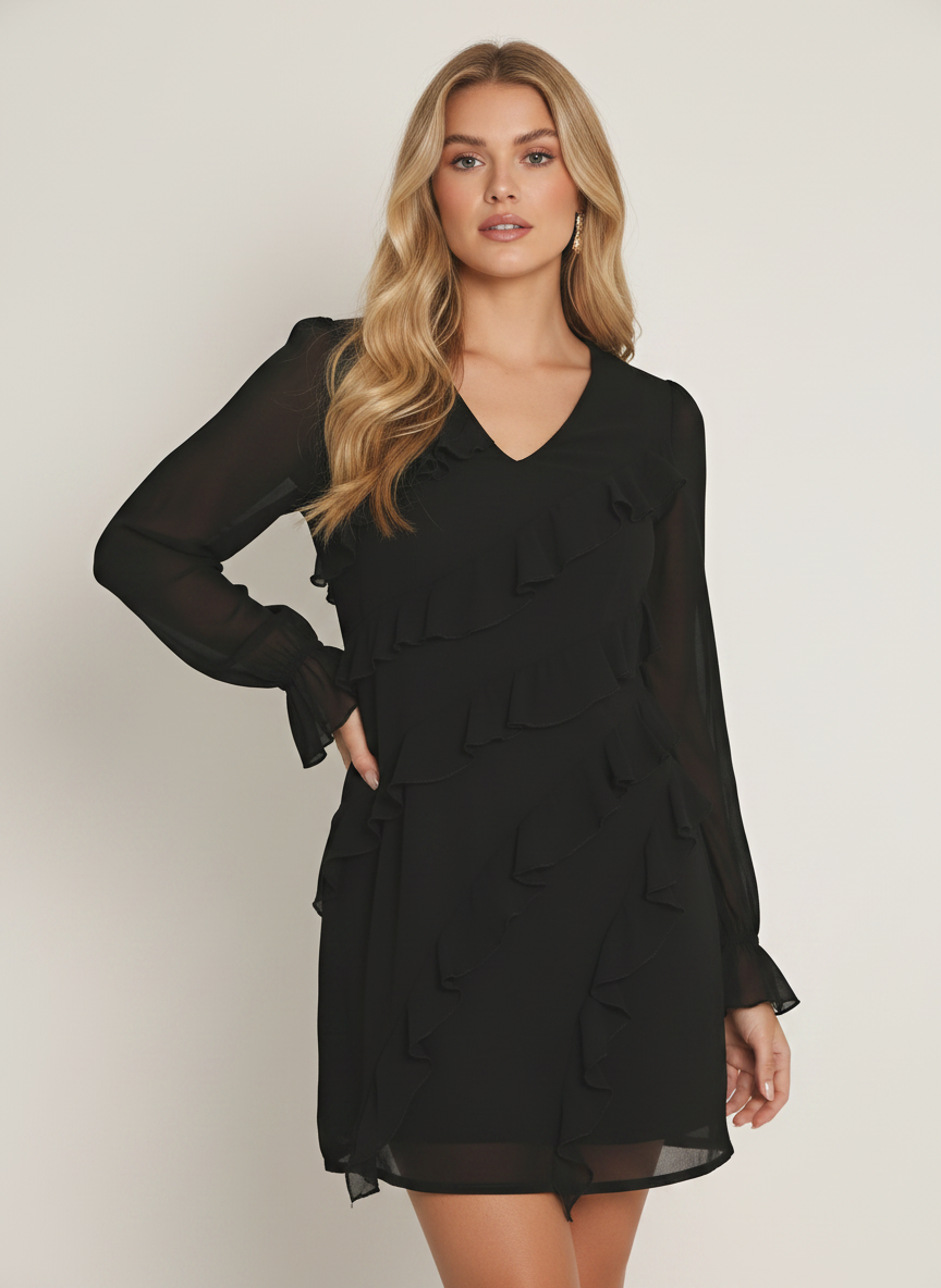 RUFFLE CHIFFON MINI DRESS IN BLACK