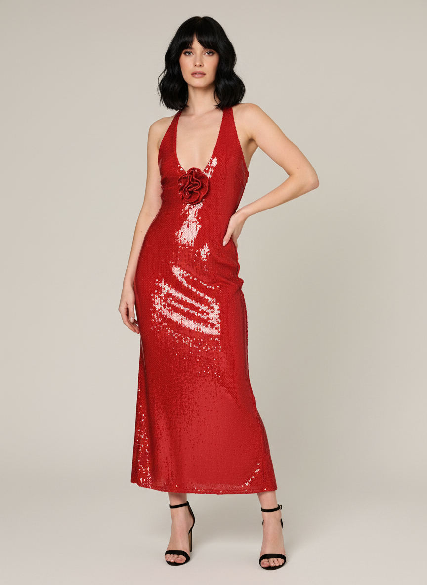 SEQUIN FLOWER MAXI DRESS