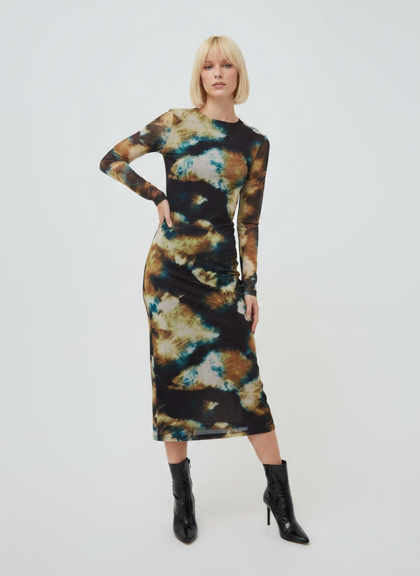 ABSTRACT MESH LONG SLEEVE MIDAXI DRESS