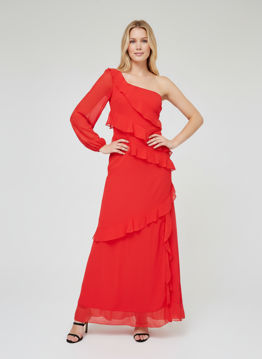 RUFFLE LONG SLEEVE MAXI DRESS