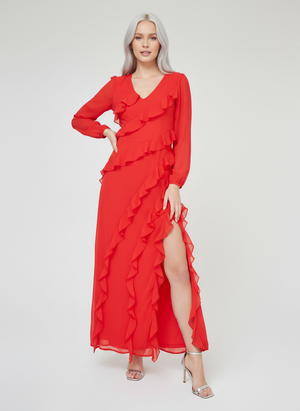 RUFFLE FLARE SLEEVE MAXI DRESS