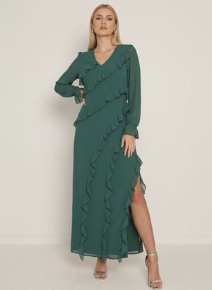 RUFFLE FLARE SLEEVE MAXI DRESS