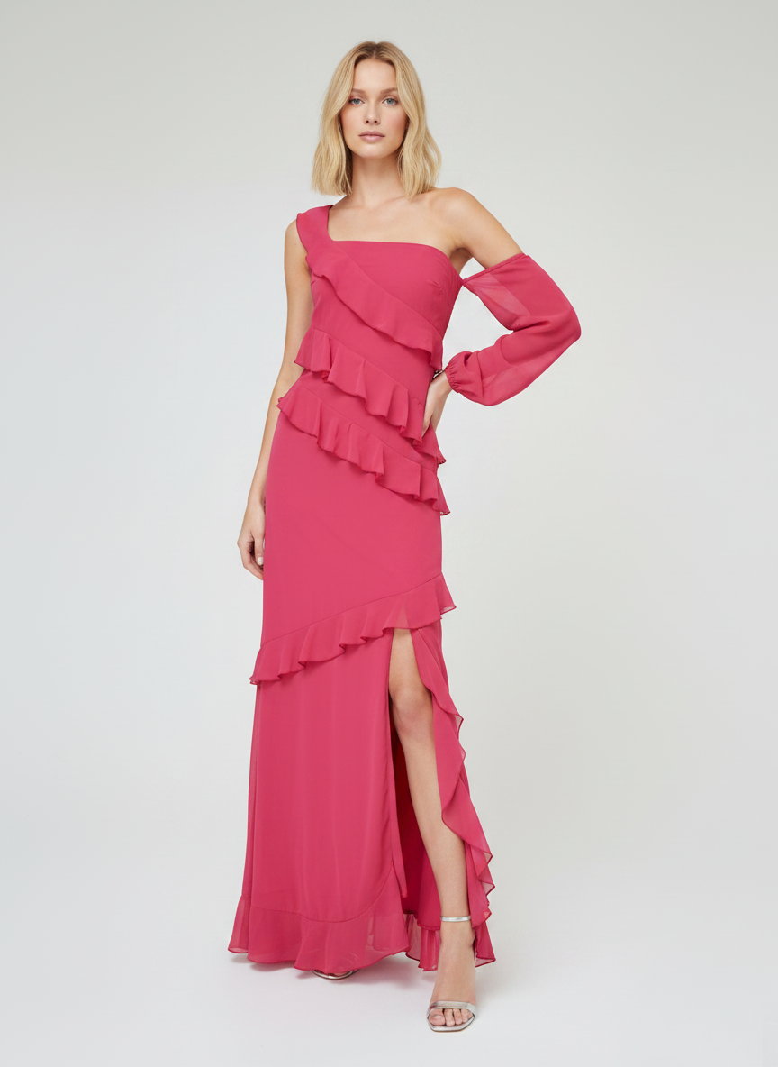 RUFFLE LONG SLEEVE MAXI DRESS