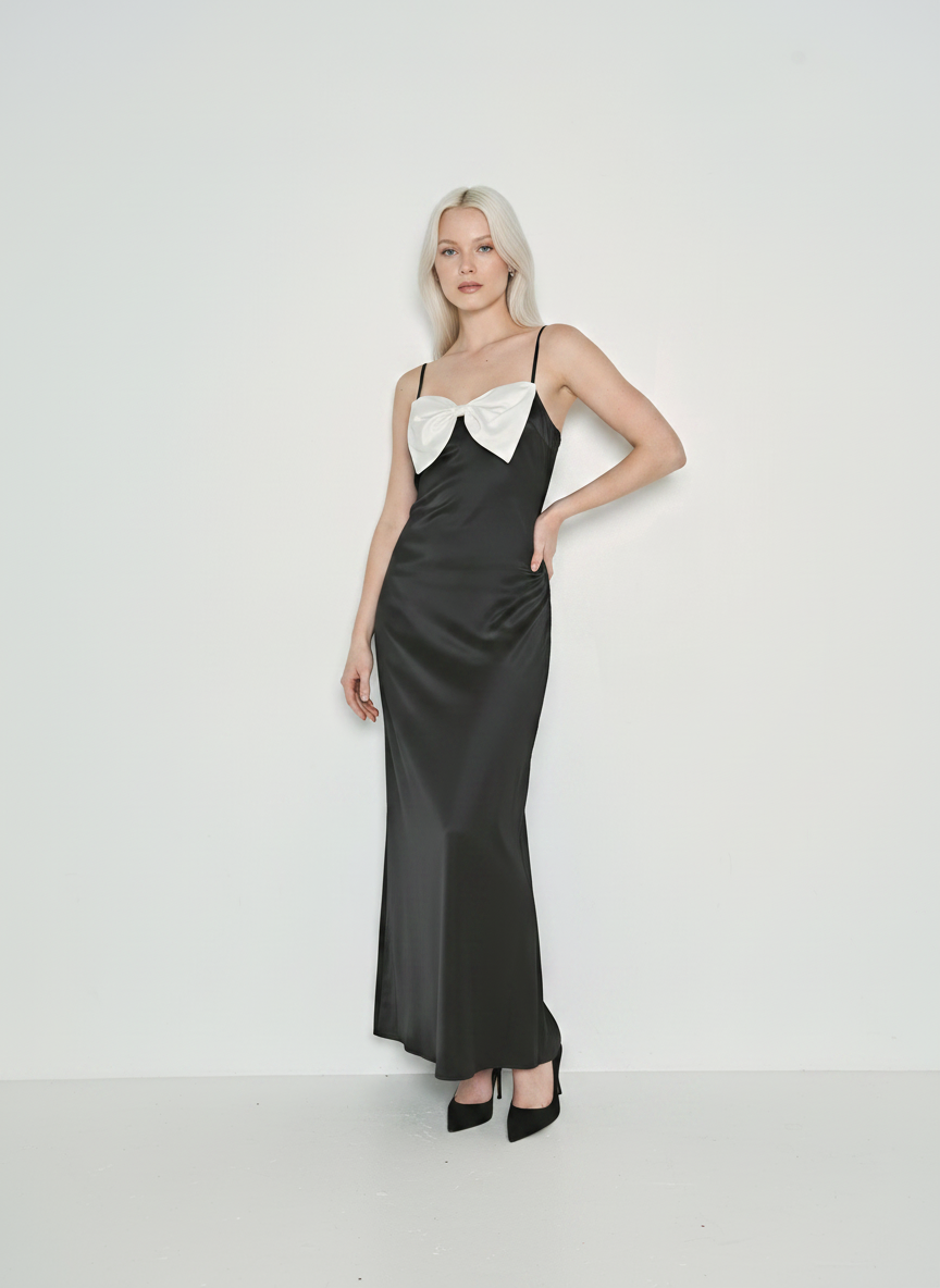 SATIN CONTRAST BOW DETAIL SLIP DRESS