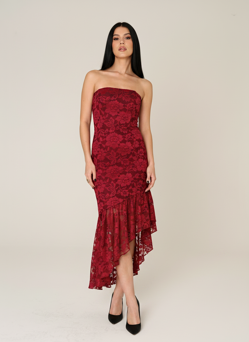 LACE STRUCTURED BANDEAU ASYMMETRIC DRESS