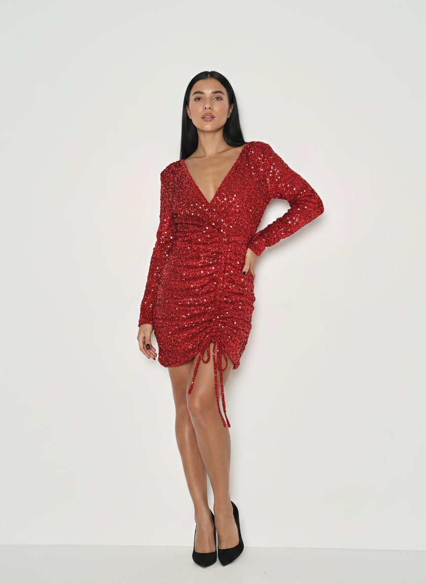 SEQUIN RUCHED WRAP BODYCON DRESS
