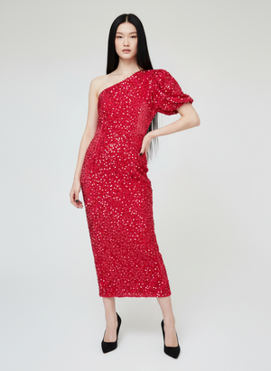 SEQUIN ONE SHOULDER MIDI DRESS