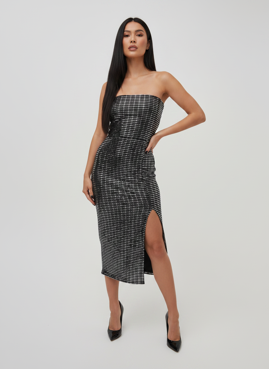 METALLIC BANDEAU MIDI DRESS