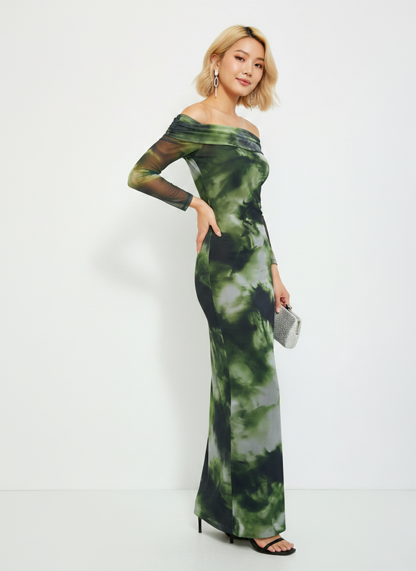ABSTRACT MESH OFF SHOULDER MAXI DRESS