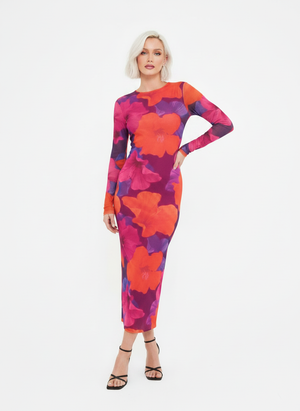 ABSTRACT MESH LONG SLEEVE MIDAXI DRESS