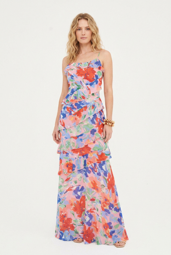 CHIFFON PRINTED RUFFLE MAXI DRESS