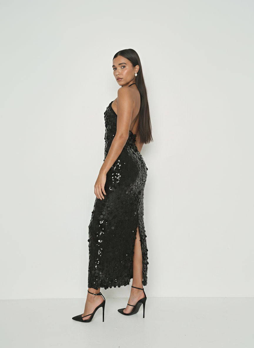 SEQUIN HALTER MAXI DRESS