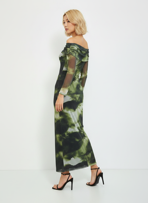 ABSTRACT MESH OFF SHOULDER MAXI DRESS