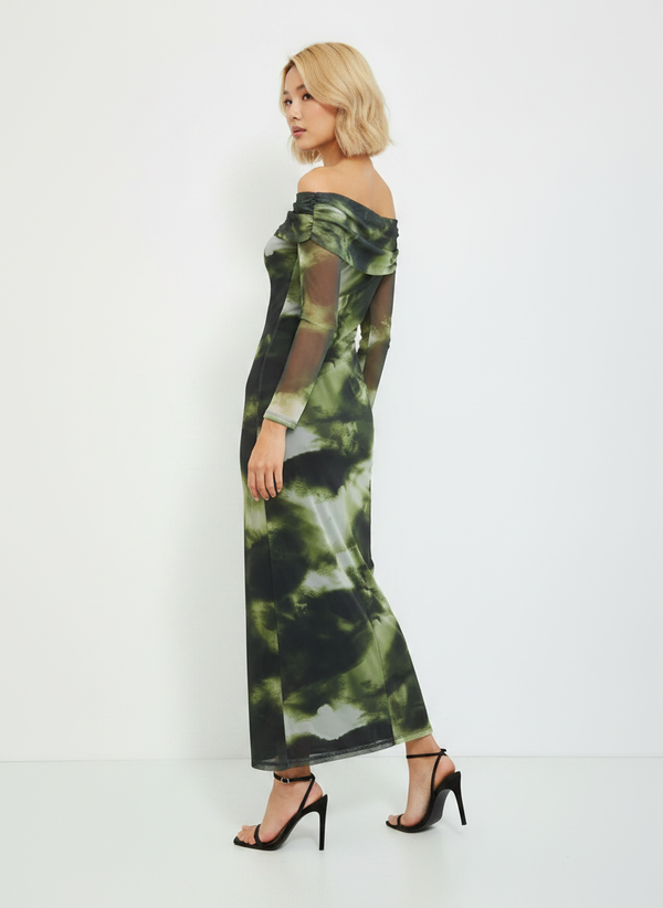 ABSTRACT MESH OFF SHOULDER MAXI DRESS