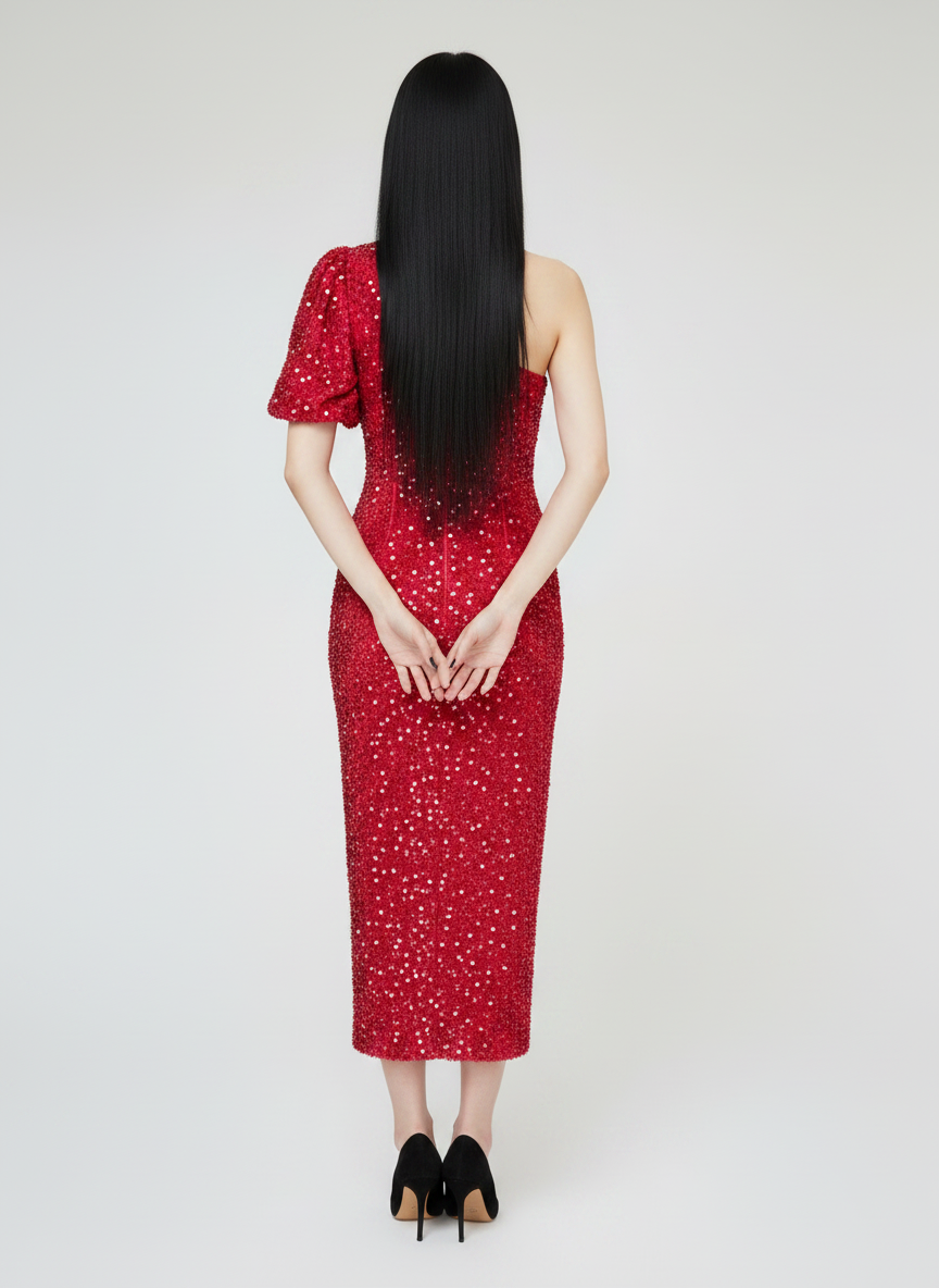 SEQUIN ONE SHOULDER MIDI DRESS