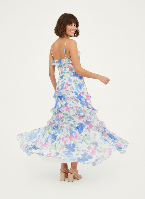 CHIFFON PRINTED RUFFLE MAXI DRESS